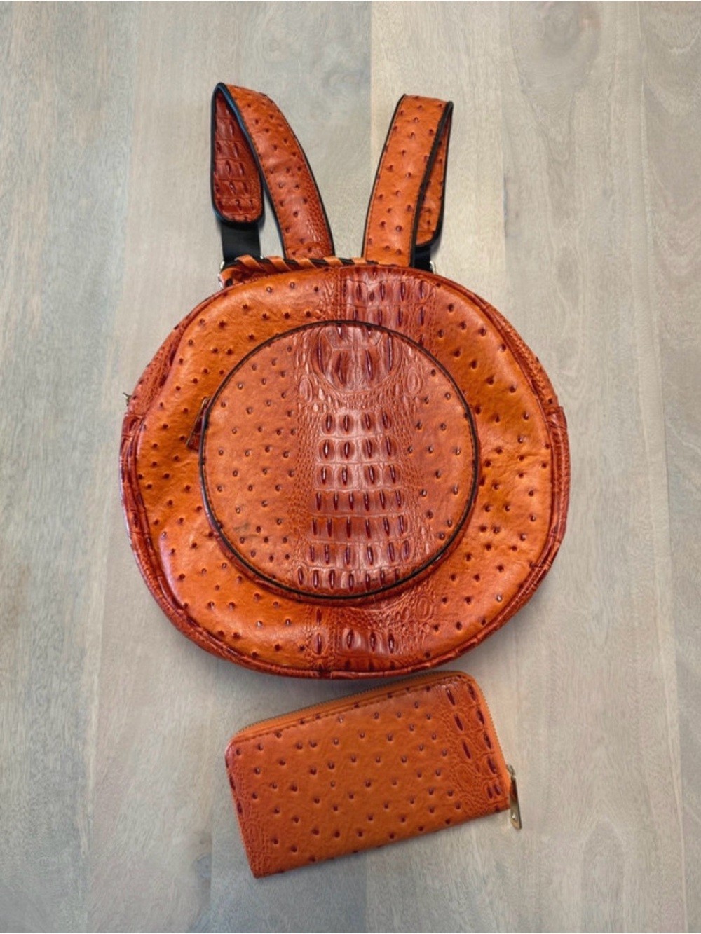 Round Ostrich-Texture Faux Leather Backpack Purse & Matching Wallet